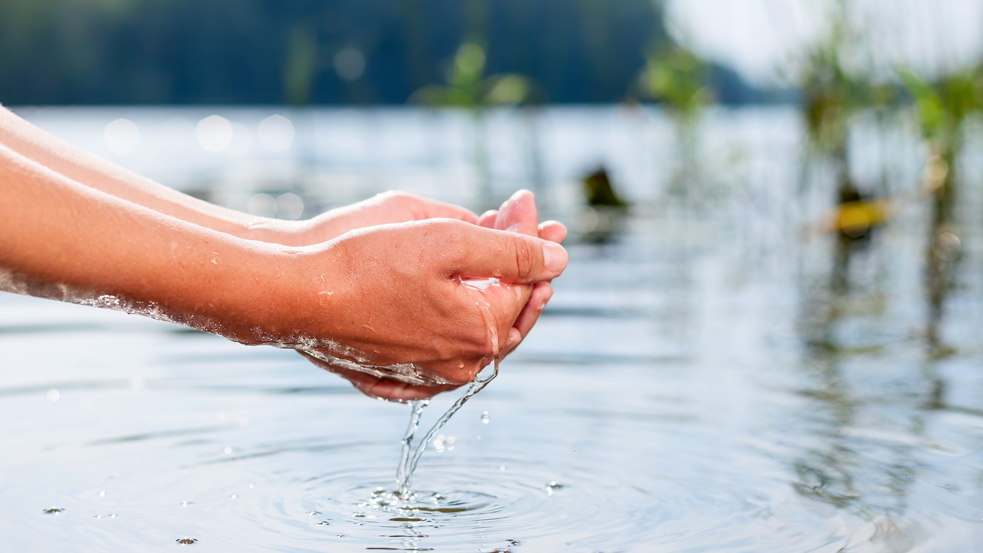 Hände mit Wasser aus klarem Bergsee.